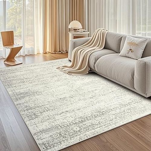 Washable Rugs 5x7 Area Rugs for Living Room,Bedroom,Dining Room- Large Ultra Soft Faux Wool Retro Carpets,Non Slip&Non-Shedding Low Pile Vintage Print Rug for Home Office Decor-Beige
