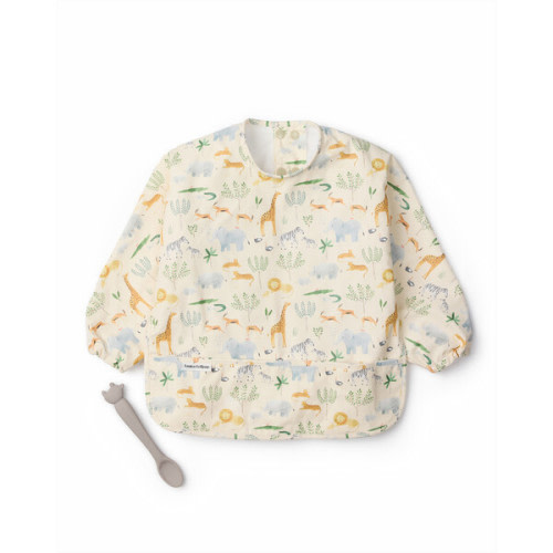 Animal Print Long Sleeve Bib & Feeding Spoon Set, Rhino - Loulou Lollipop | Maisonette
