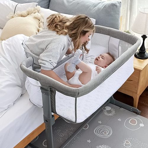 TCBunny 2-in-1 Baby Bassinet Sleeper, Adjustable Portable Crib Bed for Infant/Newborn Baby, Grey (Mosquito Net Not Included)