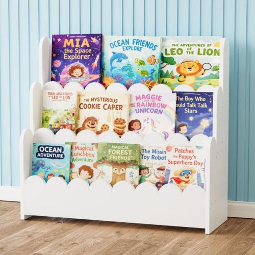SpaceAid 3-Tier Scalloped Wooden Bookshelf – Montessori-Style Book Display for Kids’ Rooms, Playrooms & Classrooms, Natural Finish