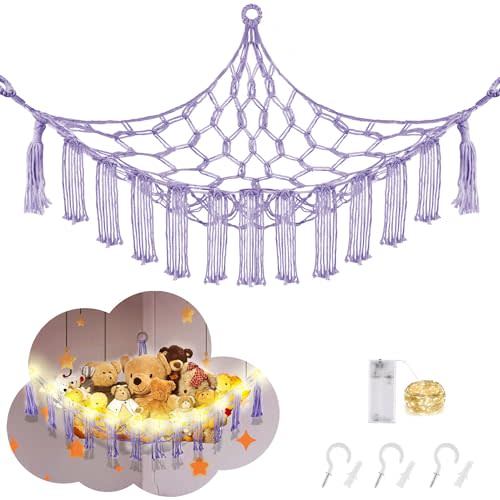 CERETIA Stuffed Animal Hammock with LED Light, Toy Hammock for Stuffed Animals Storage for Kids Room Decor, Stuffed Animal Hammock Corner, Purple