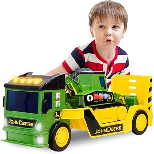 John Deere 2ft Extra Large Mega Mover Dual Joystick Motorized Trucks: Front Loader & Hoe with Trailer, Lights, Sounds Construction Toys for Kids 3+