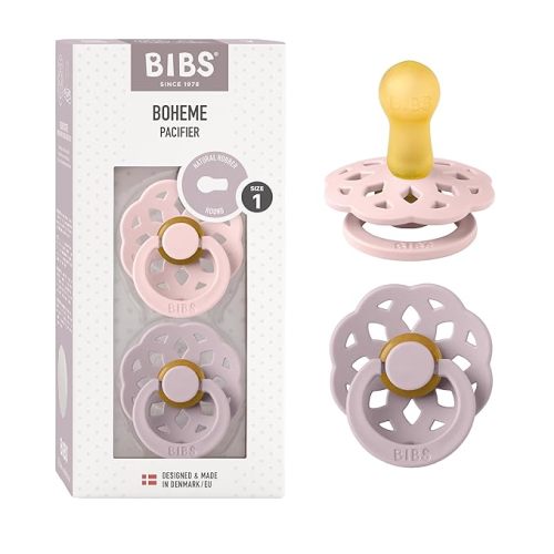 BIBS Pacifiers - Boheme Collection | BPA-Free Baby Pacifier | Made in Denmark | Set of 2 Blossom/Dusky Lilac Color Premium Soothers | Size 0-6 Months