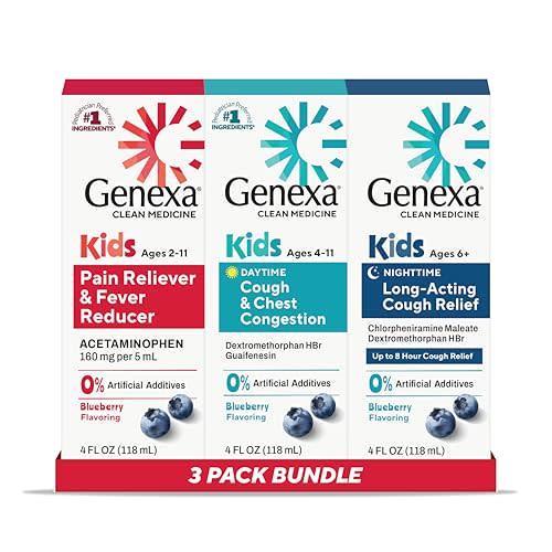 Genexa Kids Pain & Fever + Cough Value Pack Made Clean, 4 Fl Oz, 3 Pack | Acetaminophen, Dextromethorphan, Dye Free, 0% Artificial Additives, Day & Night Pain + Cough Set, Blueberry, Children Ages 6+