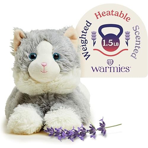 warmies Microwavable & Weighted Stuffed Animals, Laying Down Gray Cat - Heated Stuffed Animal Plushie for Warmth & Comfort - Cute Soft Plush Toys for Boys, Girls, Babies & Toddlers