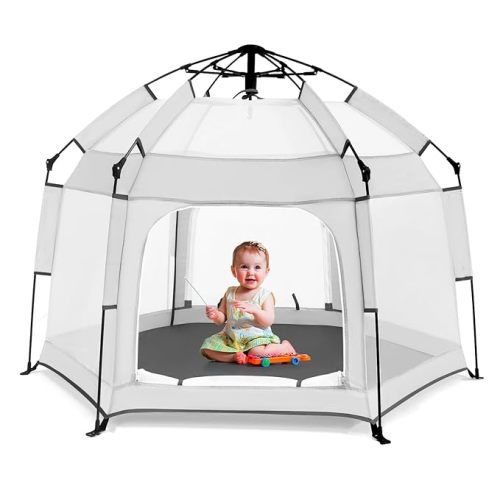 Baby Playpen with Canopy, Portable Baby Beach Tent, Toddler Play Yard Indoor and Outdoor, Foldable Mosquito Net for Infant - Grey