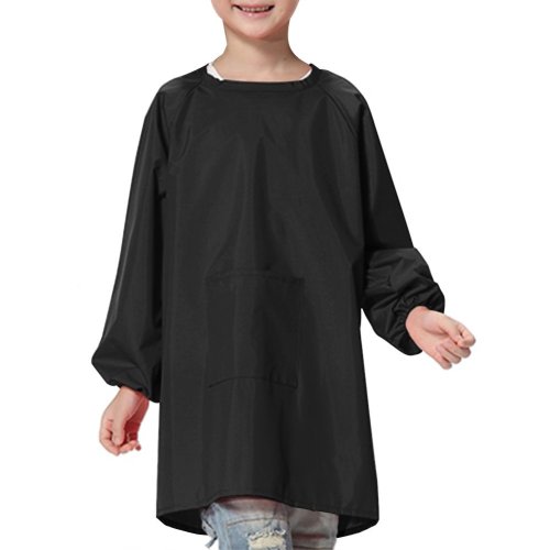 (Price/each)Opromo Long Sleeved Waterproof Art Smock, Kids Smock with Front Pocket, Nylon/Polyester Material-Black-L