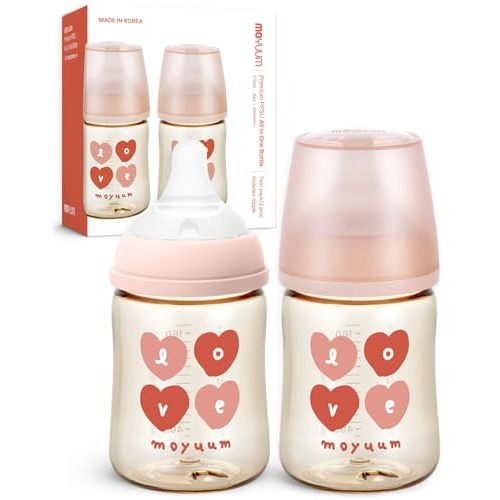 Moyuum 3rd Gen PPSU Baby Bottle | Premium Anti-Colic Feeding Bottle, Microplastic & BPA Free, Natural Fit Breastfeeding Nipple, Lightweight, Easy to Clean, Made in Korea- 6 oz (2 Pack, Love Pink)