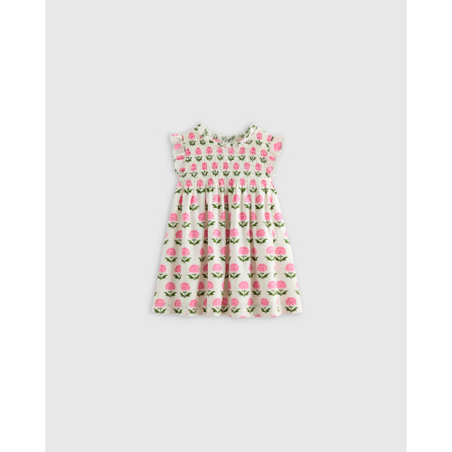 100% Organic Cotton Poplin Smocked Flutter Sleeve Dress - Baby Girl in Purple Daisy