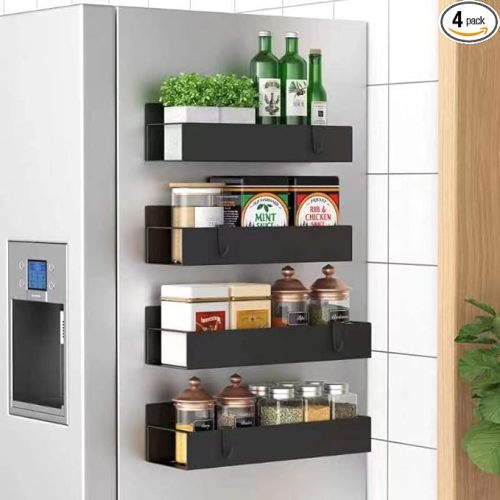 Metal 4 Pack Magnetic Spice Storage Rack Organizer for Refrigerator and Oven, Black Fridge Organizers and Storage