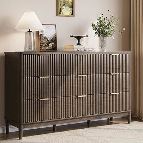 LINSY Fluted 9 Drawer Dresser for Bedroom, 58" Wide Mid-Century Modern Tall Chest of Drawers, Deep Storage Dresser with Curved Corner Design, Large Accent Wood Cabinet for Bedroom, Walnut