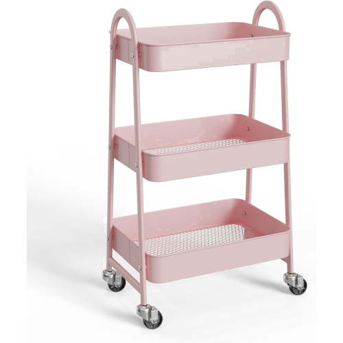 CONCETTA, 3-Tier Utility Rolling Cart, Pink, Metal Mobile Storage Rack