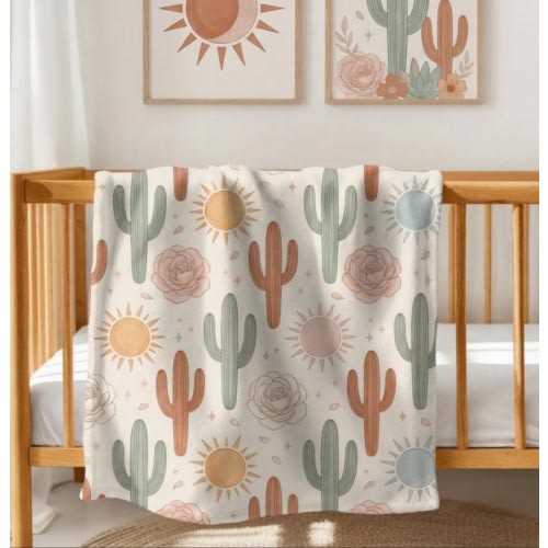 Western Boho Crib Blanket, Cowgirl Baby Blanket, Desert Cactus Nursery Throw, Southwestern Nursery Decor, Baby Shower Gift
