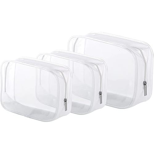 3 Pack Clear Plastic Zippered Toiletry Carry Pouch TSA Approved Toiletry Bag Portable Cosmetic Makeup Bag for Vacation, Bathroom and Organizing (White 3Pcs, Small/Large)