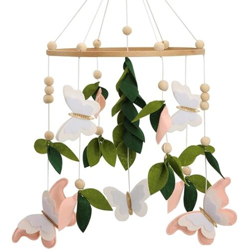 Butterfly Mobile for Crib - A Beautiful Butterfly Handmade Crib Mobile with Green Leaves, Pink, White and Gold Detail for a Nature or Wildflower Theme Nursery