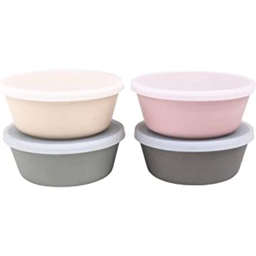 WeeSprout Bamboo Kids Bowls with Lids, Set of Four 10 oz kid-Sized Bamboo Bowls, Bamboo Kid Bowls with Lids for Leftovers, Dishwasher Safe (Pink, Green, Gray, & Beige)