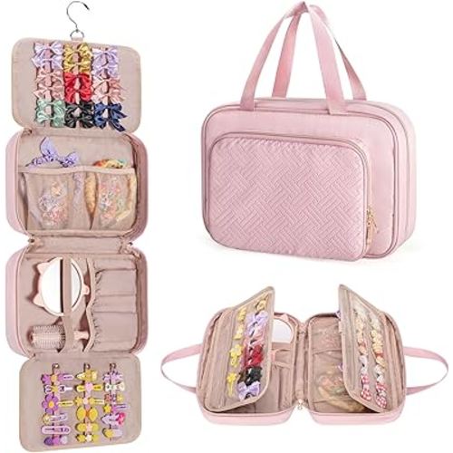 Fasrom Hair Accessories Organizer for Girls, Hanging Hair Bow Storage Bag for Kids Hair Clips, Headband, Hair Ties and Scrunchies Holder, Pink (Empty Bag)