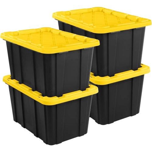Sterilite Industrial Storage Tote with Lids for Garage, 27 Gallon, 4-Pack | Heavy-Duty and Stackable Utility Box Containers for Home, Office, and Basement Organization, Black/Yellow