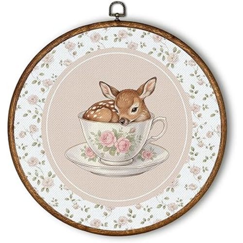 QWZDRHYJI Pink Flower Teacup Bunny Round Wall Art Decor, Cottagecore Rustic Rose Cute Rabbit Framed Canvas Prints Wall Hanging for Nursery Girls Room Home Bedroom Decorations, 10x10 Inch