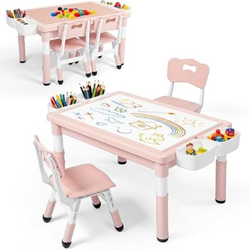 Kinder King Kids Table & 2 Chairs Set, Height Adjustable Children Activity Table w/Storage, Graffiti & Building Blocks Tabletop, Toddler Furniture Set for Classroom, Daycare, Home, Age 3+, Pink
