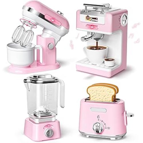 Kids Kitchen Toys Set, BPA-Free 7 Piece Pretend Play Appliances with Light Sound, Coffee Maker Blender Stand Mixer Toaster for Toddlers Ages 3 Plus, Educational Role Play Gift (Pink)