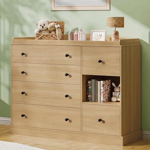 Halitaa Kids Dresser Cabinet with 6 Drawers, Changing Table for Nursery with Shelf, Multi-Functional Chest of Drawers, Kids Bedroom Furniture, Nightstand for Children's Room, Oak