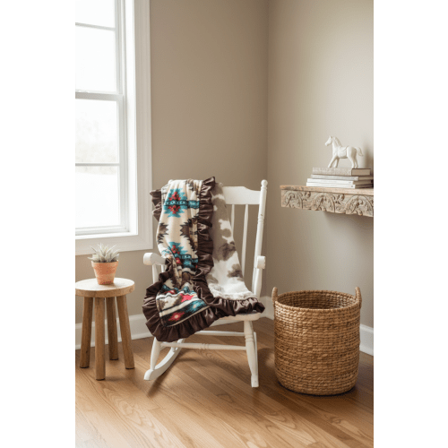 Cream Aztec and Brown Sugar Cow Minky Western Ruffle Blanket