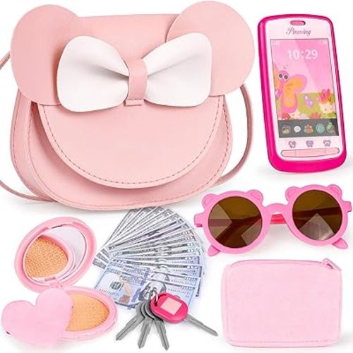 Play Purse for Little Girls, 23PCS Toddler Purse with Pretend Makeup for Kids, Princess Toys Includes Crossbody Bag, Phone, Wallet, Keys, Kids Toy Purse Birthday Gift Toys for Girls 3 4 5 6+