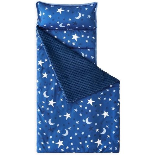 Wake In Cloud - Toddler Nap Mat with Pillow and Minky Fleece Blanket, for Kids Boys Girls in Daycare Preschool Kindergarten, Roll Up Sleeping Bag, Space Moon Blue, Standard Size