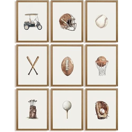 Vintage Sports Nursery Wall Art Decor Toddler Boys Room Canvas Pictures Sports Ball Wall Decor Football Baseball Prints Basketball Golf Artwork Kids Playroom Poster for Bedroom 8x10x9 Inch Wood Framed