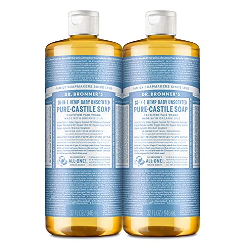 Dr. Bronner's - Pure-Castile Liquid Soap (Baby Unscented, 32 ounce, 2-Pack) - Made with Organic Oils, 18-in-1 Uses: Face, Hair, Laundry and Dishes, For Sensitive Skin and Babies, No Added Fragrance