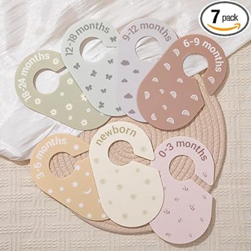 Baby Size Clothes Dividers for Closet: Nursery Hanger Month Dividers for Clothing Organizer - Set of 7 Infant Age Separators from Newborn to 24 Months for Boho Room Decor