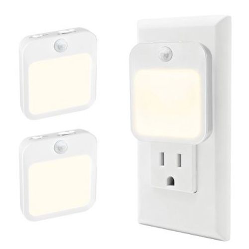 Plug-In Motion Sensor Night Light, Dusk-to-Dawn LED with Stepless Dimming, Energy-Saving White 2 pcs