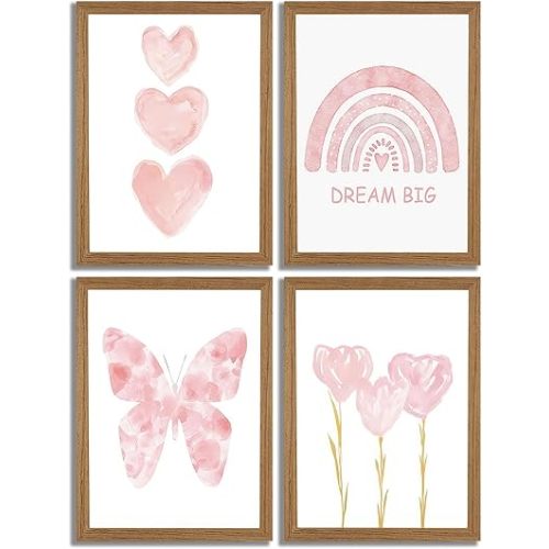 4Pcs Framed Pink Girls Nursery Canvas Wall Art,Toddler Girl Room Dream Big Poster Prints.Watercolor Butterfly Rainbow Floral Picture Pink Preppy Painting Wall Decor for Baby Room Girl Room 12x16in