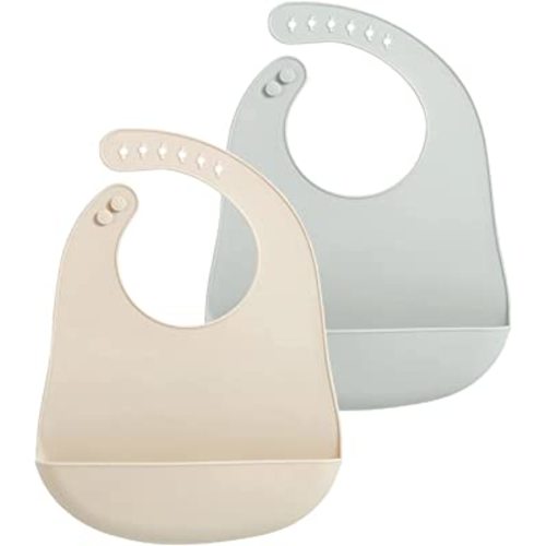 PandaEar 2 Pack Silicone Baby Feeding Bibs Super Thin Light Weight for Babies & Toddlers, Adjustable Silicone Bibs with Food Catcher Pocket, Waterproof, Soft, Unisex, Non Messy (Pink Grey)