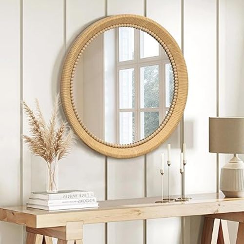 Round Beaded Rattan Mirror: 24 in Handmade Rustic Farmhouse Bamboo Wall Mirror - Wood Frame Boho Wicker Mirror for Home Decor/Farm/Living Room/Bedroom