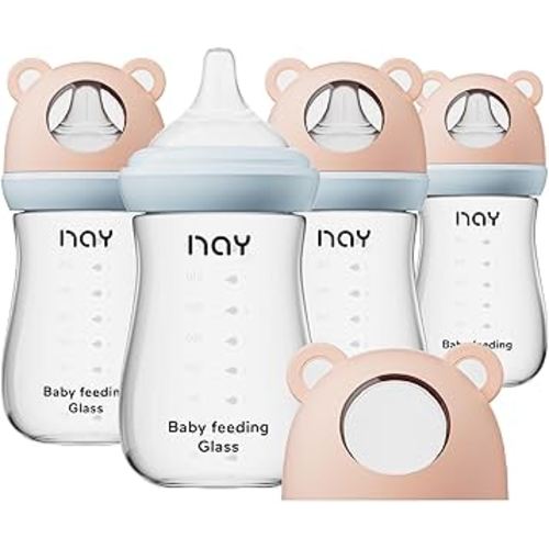 Natural Glass Baby Bottle for Breastfeeding Babies, 8oz Anti-Colic Baby Bottle with Natural Response Nipple(M), Clear, Wide Neck, 4 Pack, 3 Months+