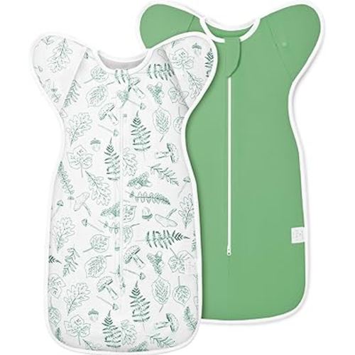 2-Pack Newborn Swaddle Sleep Sack - Baby Transitional Swaddle Sack 0-3 Months, Arms Up Swaddles with Cuff Removable Design, Green Leaves, 100% Cotton Newborn Sacks