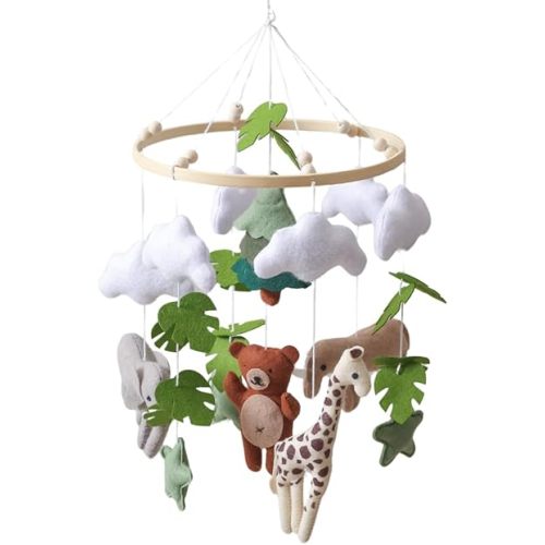 GOODMOM Forest Nursery Mobile – Handmade Crib Mobile with Bear, Giraffe and Elephant Perfect for Boys & Girls Design Sturdy Structure Easy Assembly and a Delightful (Forest Animal Kingdom)
