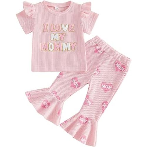 Mothers Day Baby Girl Outfit Cute Letter Embroidery T-Shirt Top Elastic Waist Flare Pants Toddler Summer Clothes