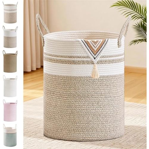 Tall Laundry Basket with Handles, 88L Portable Dirty Clothes Hamper, Boho Cotton Rope Storage Bin for Blankets Kids Toys Gifts, Large Organizer for Baby Nursery Bedroom Bathroom, New Brown