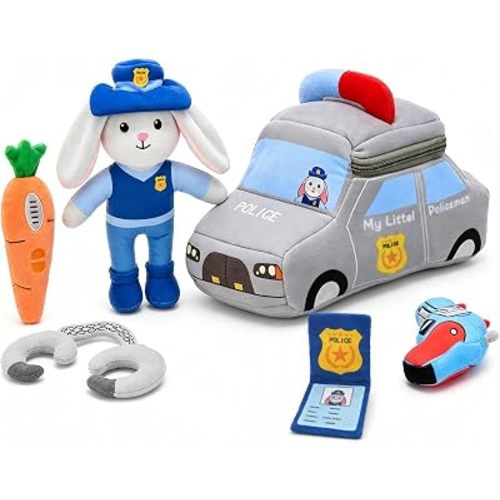 MaoGoLan Police Car Plush Toy Set, Bunny Officer Role Playset for Kids