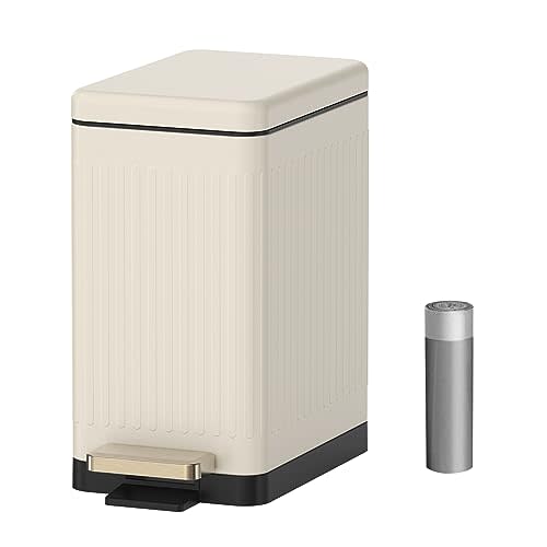 Mbillion Bathroom Trash Can with Lid-Stainless Steel Step Slim Garbage Can-Metal Wastebasket-10L/2.6 Gallon Rectangle Pedal Trash Bin for Narrow Office, Kitchen, Bedroom, Toilet-Soft Close, White