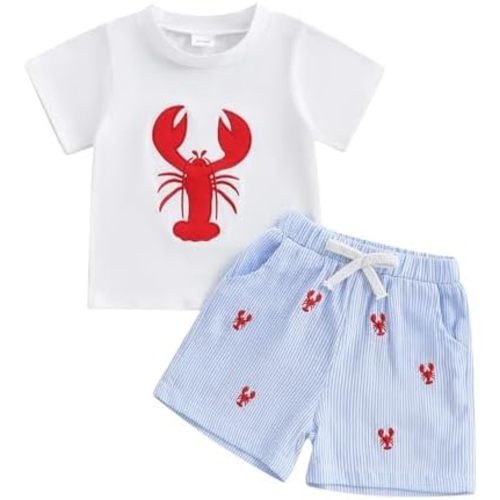 Toddler Little Boy Shorts Set Seafood Embroidered Short Sleeve T-shirts Plaid Elastic Waist Shorts Summer Clothes