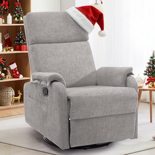 Korser Recliner Chairs, Swivel Rocking Recliner Chair for Adults, Glider Rocking Chair, Small Nursery Recliner for Living Room, Reclining with Modern-Designed Armrests, Chenille, Grey