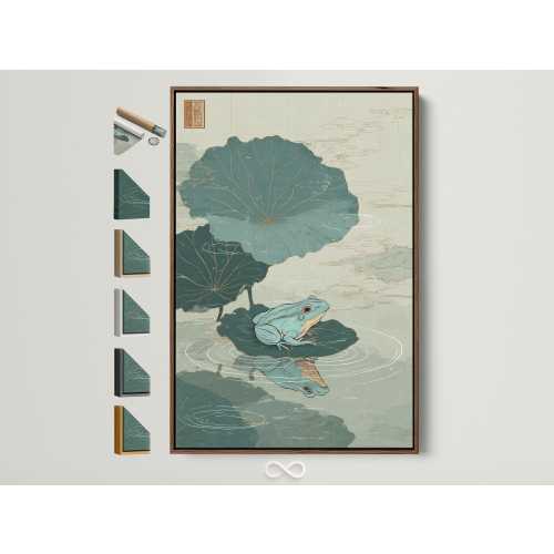 Vintage Frog Lily Pad Art Print - Japanese Style Nature Wall Decor, Pond Life Botanical Illustration, Zen Water Garden Artwork