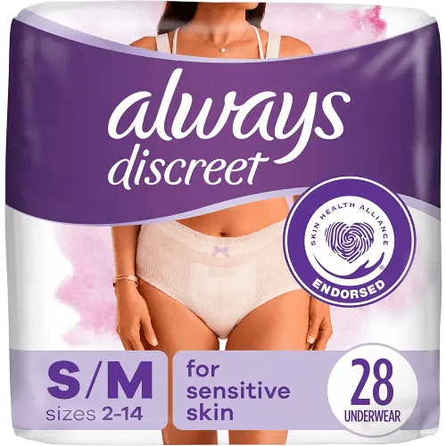Always Discreet Sensitive, Incontinence & Postpartum Underwear For Women, Maximum Plus Protection, Small/Medium, 28 Count