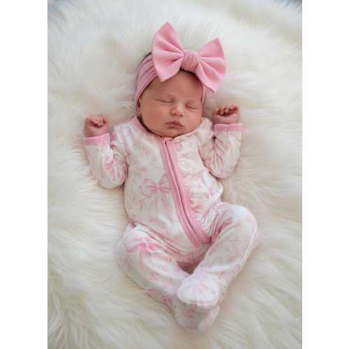 Baby Girl Sleeper Hospital Outfit Going Home Newborn Clothes Nursery Pink Bow Pattern Sleepsuit Double Zipper Footie Romper Shower Gift