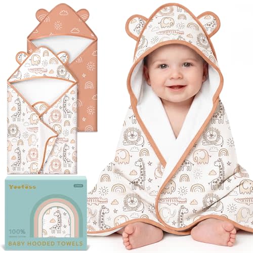 Yoofoss Hooded Baby Towels for Newborn 100% Organic Cotton Baby Bath Towel with Hood for Babies, Infant, Toddler and Kids, 32x32Inch, Soft and Absorbent Newborn Essential