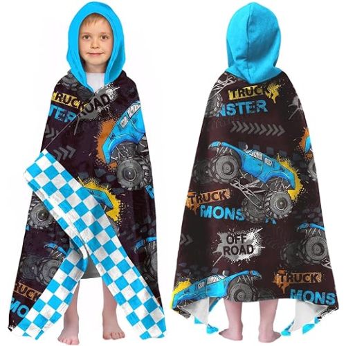 Car Blue Boys Beach Towel with Hoodie for Kids Toddlers Age 4-8, Engineering Vehicle Bath Towels Shower Wrap for Boys, Hooded Poncho Beach Blanket for Pool Swimming Wearable Bath Towel for Child